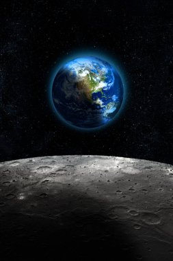 Half Planet Earth seen from the Moon, dark starry space sky background. Some image elements provided by NASA.