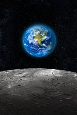 Planet Earth seen from the Moon, dark starry space sky background. Some image elements provided by NASA.