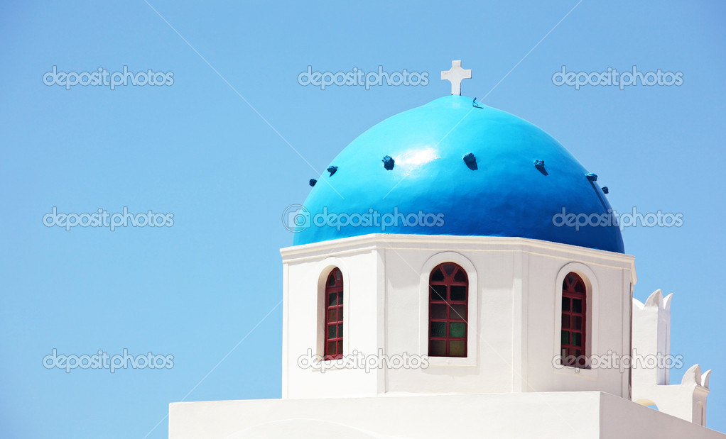 Blue dome of Panagia of Platsani church, Oia, Santorini, Greece.