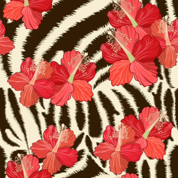 Zebra pele e flores de hibisco — Vetor de Stock