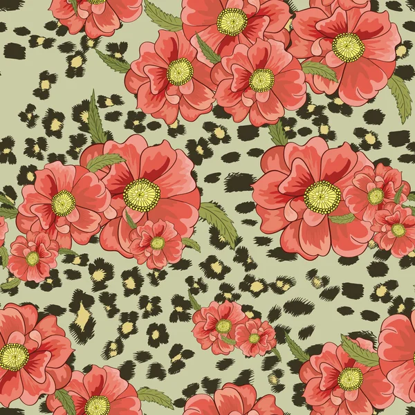 Piel de leopardo y flores — Vector de stock