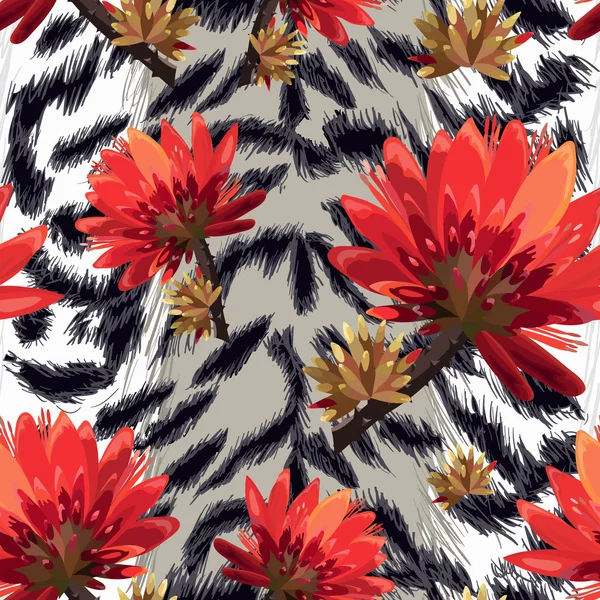 Piel de tigre con flores tropicales Ilustración de stock