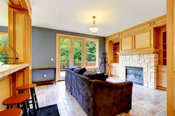 Living room with blue walls, fireplace and brown sofa. — Stock Photo, Image