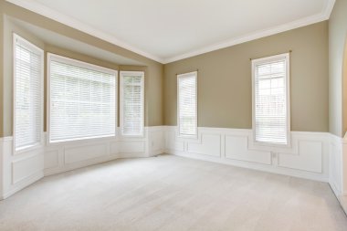Bright large empty room with carpet, molding and windows.