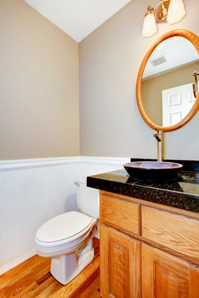 New beautiful small bathroom with wood cabinet and floor. — Stock Photo, Image