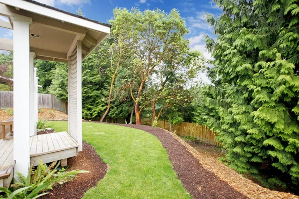 Backyard with green trees and corner of the porch. — Stock Photo, Image