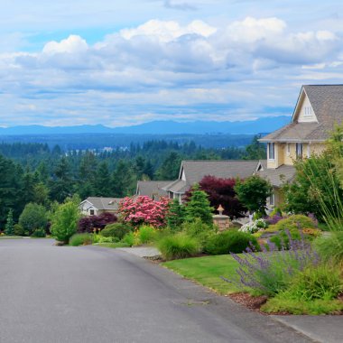 evleri ve dağ manzaralı güzel stree.