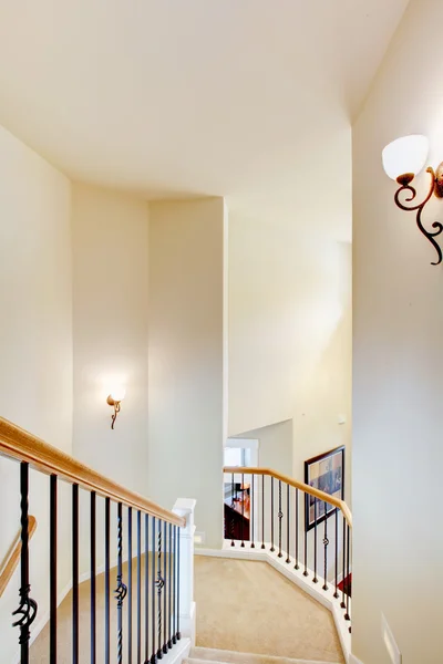 Escalera grande con barandillas metálicas y alfombra beige . —  Fotos de Stock