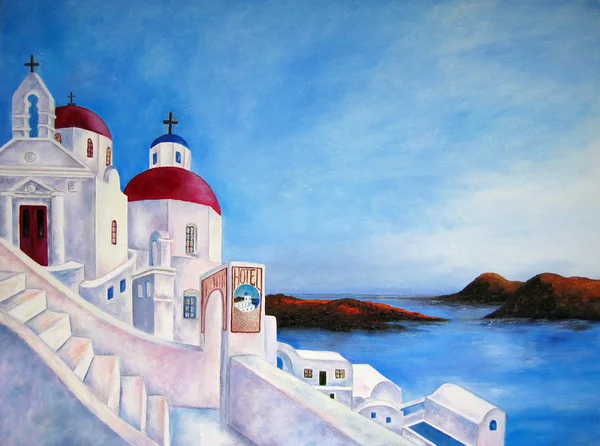 Painting of Greece and White City with water view and islands. Greek. Landscape. ART. — Stock Photo, Image