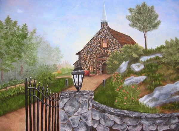 Capela igreja com portões. Pintura . — Fotografia de Stock