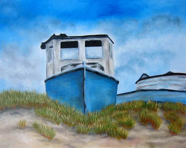 Painting with a blue boat and beach grass. Art. — Stock Photo, Image