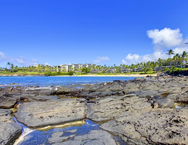 Isola di Maui spiaggia di lava con edifici resort sul retro . — Foto Stock