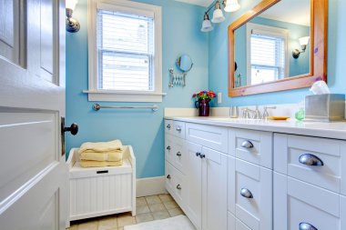mavi ve beyaz banyo ile lots-in depolama yer.