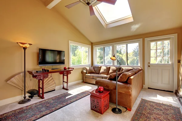 広いリビング ルームのソファ、テレビと茶色の壁. — ストック写真