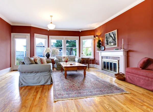 Grote mooie woonkamer met open haard en rode muren. — Stockfoto