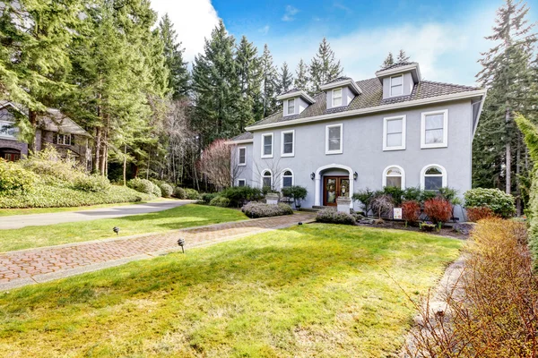 Home exterior of large grey classic house with pine trees. — Stock Photo, Image