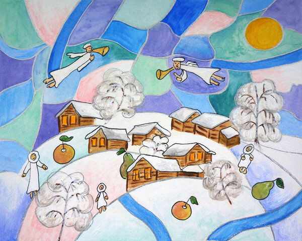 Painting. Abstract Slavic folk winter Christmas with angels and village covered in snow.