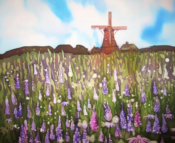 Mező, a virágok és a szél malom. eredeti art. selyem festmény. — Stock Fotó
