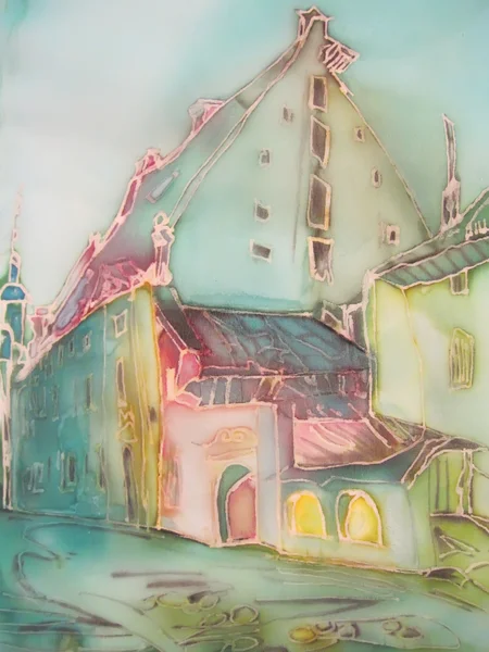 Європейське місто будівель абстрактний живопис по шовку. — стокове фото