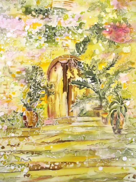 Painting on silk. Garden gates with stairs and flowers.