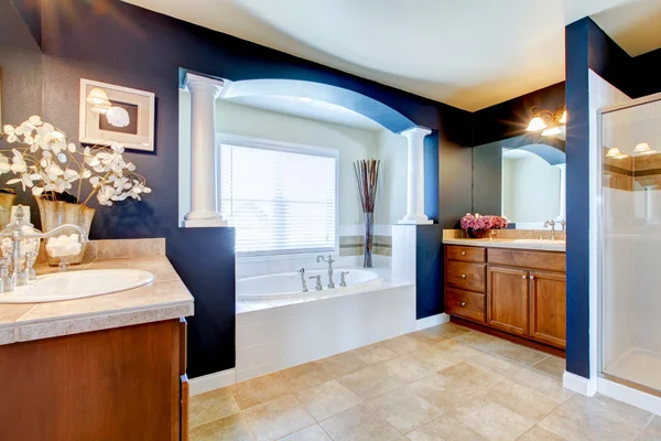 Blaues Luxusbadezimmer mit weißer Badewanne, Waschbecken und Dusche. — Stockfoto