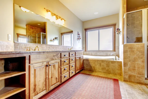 Large bathroom with wood furniture and natural colors. — Stock Photo, Image