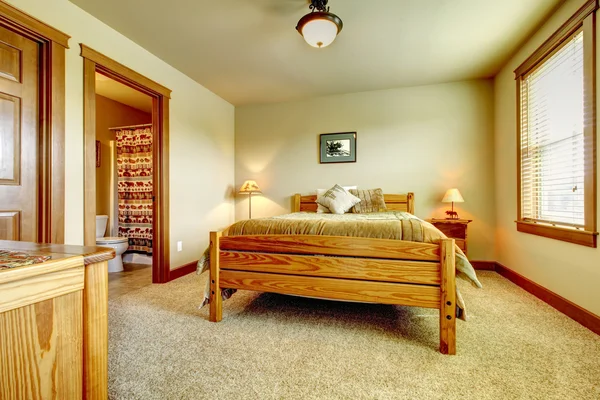 天然小木屋农场房子卧室与米色地毯和绿色墙壁. — 图库照片