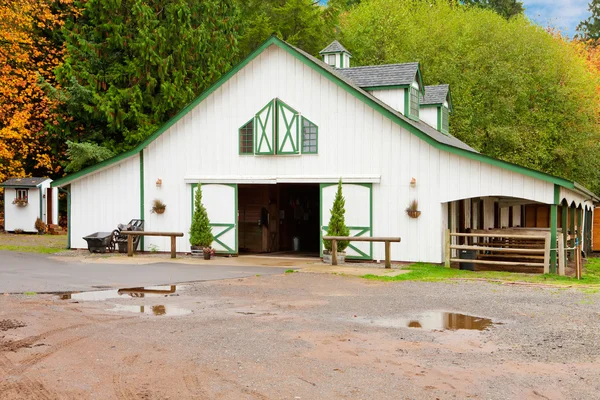 White horse barn wuth green shatters. — Stock Photo, Image