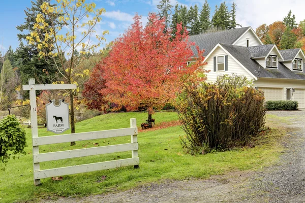 White horse farm American house during fall with green grass. — Stock Photo, Image