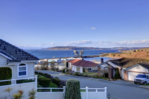 Stunning view on the mountains and bay from a backyard porch — Stock Photo, Image