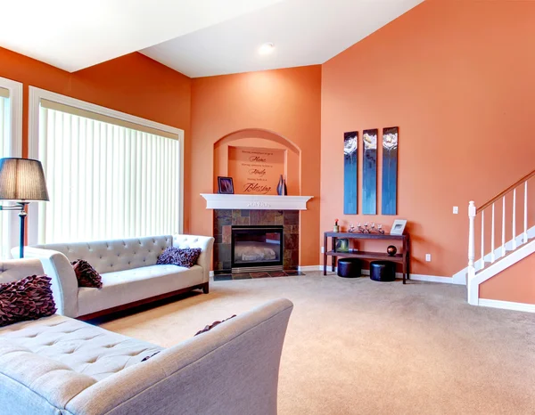 Чудесная оранжевая гостиная с серым классическим диваном, темный камень — стоковое фото