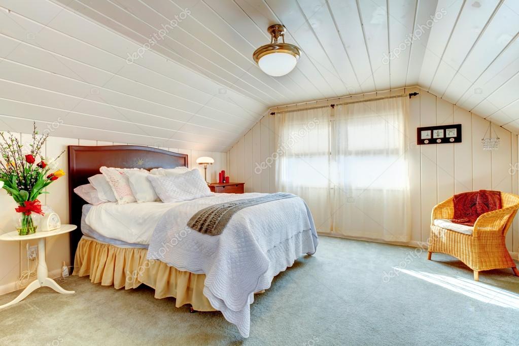 Sky Blue Bedroom with White Plank Vaulted Ceiling - Cottage - Bedroom