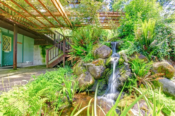 Beautiful wild style pond with waterfall. Farm house backyard — Stock Photo, Image