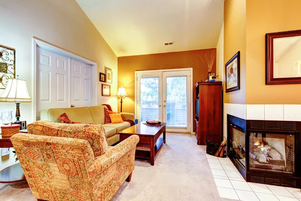 Varma färger vardagsrum med öppen spis暖色客厅的壁炉 — Stockfoto