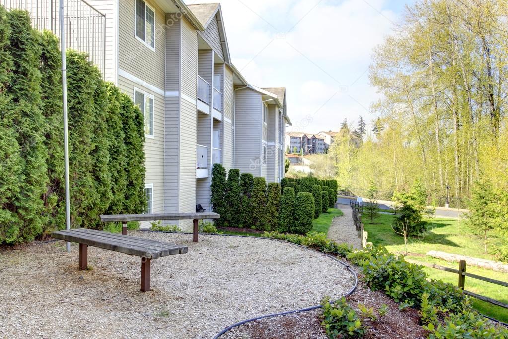 Backyard area with wooden benches