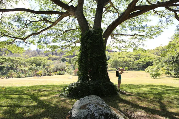 Viaje de verano. Madre y su bebé en el jardín tropical — Foto de Stock