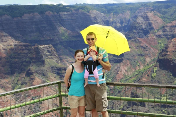 Happy family on the observation deck of Waimer Canyon. Hawaiian — Stock Photo, Image