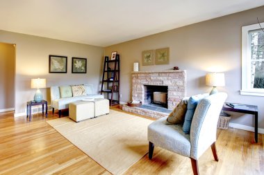 lichte kleuren woonkamer met een open haard rotsachtige achtergrond