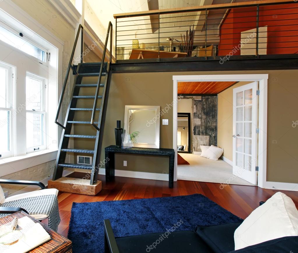 Reconstructed modern living room with mezzanine area