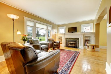 deri mobilyalarla zarif salon ayarla.