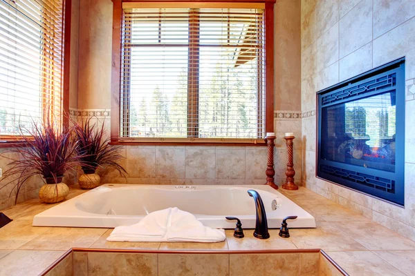 Luxusní koupelna s krbem. tropické téma interiér — Stock fotografie