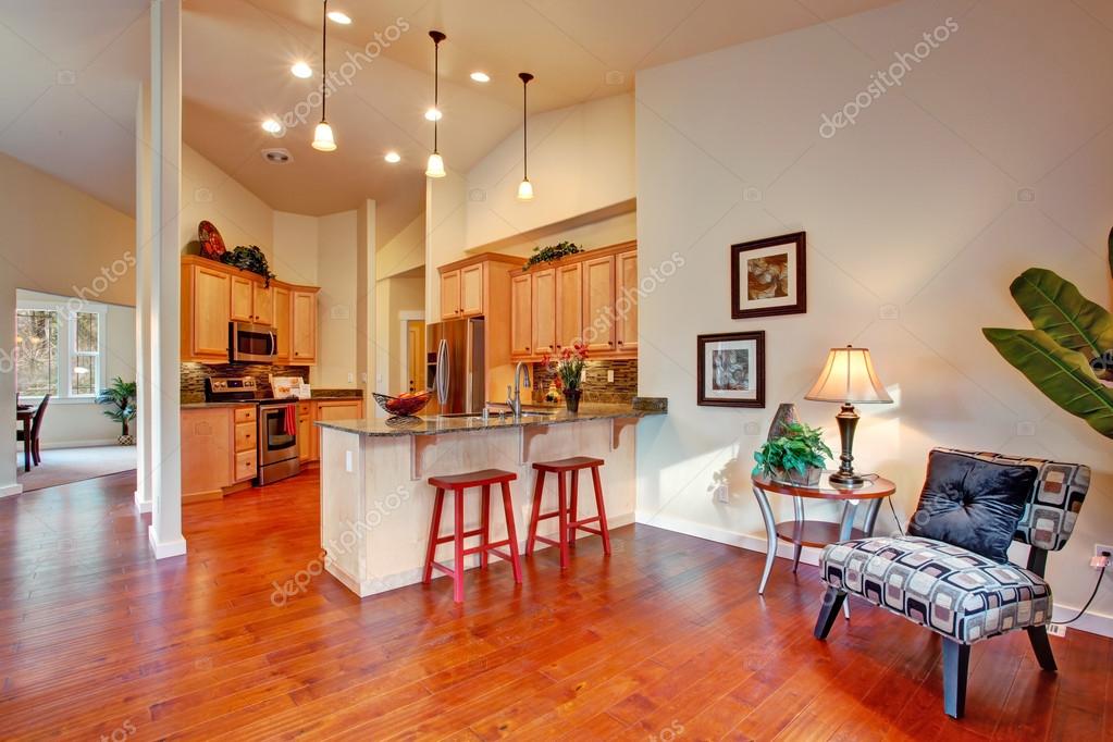 House Interior With High Ceiling Kitchen Area Stock Photo