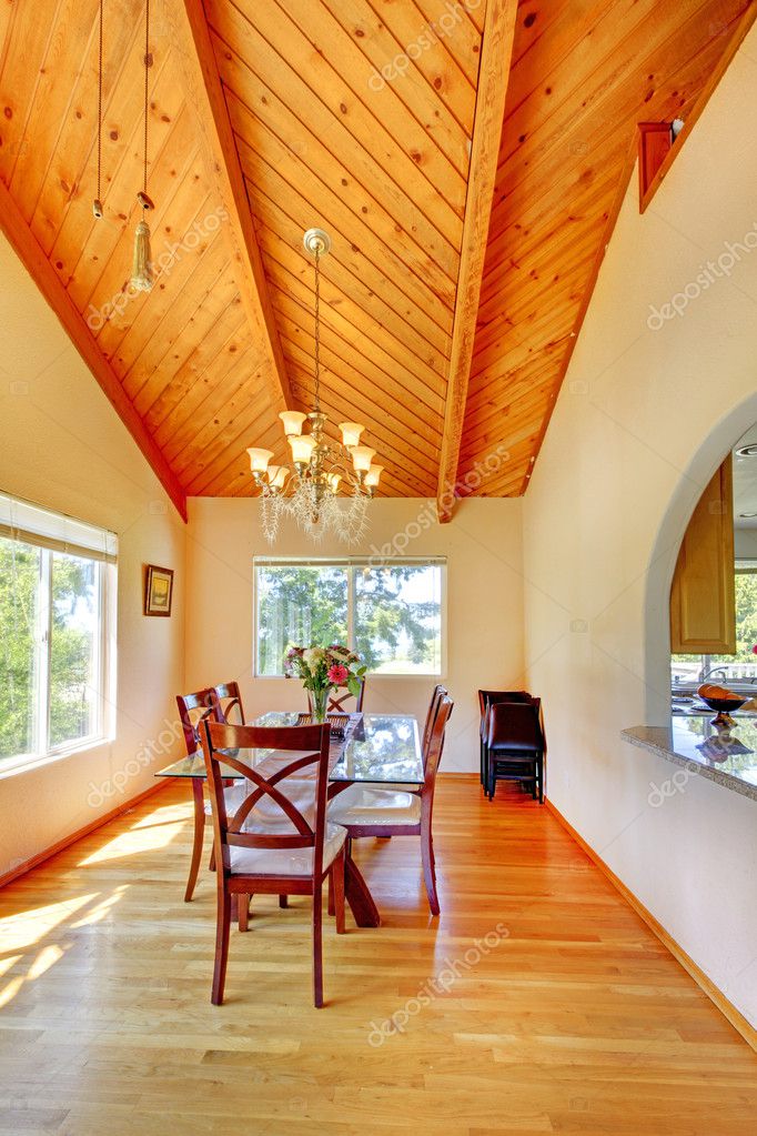 Beautiful Dining Area With High Vaulted Ceiling Stock Photo