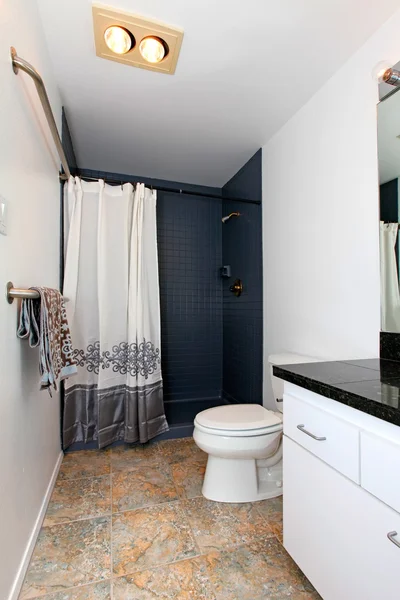 Bagno bianco con rivestimento in piastrelle navy — Foto Stock