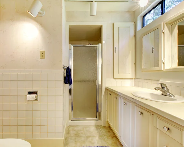 Salle de bain blanche avec de vieilles armoires — Photo