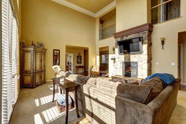 Πολυτελές living room με τζάκι και τηλεόραση — Φωτογραφία Αρχείου
