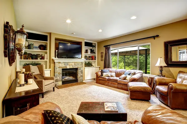 Hermoso salón con chimenea y tv — Foto de Stock