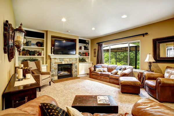 Beautiful living room with fireplace and tv