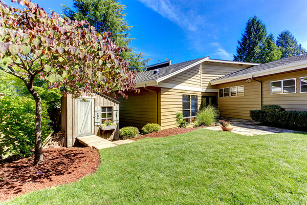 American house exterior. Green backyard with trees and shed