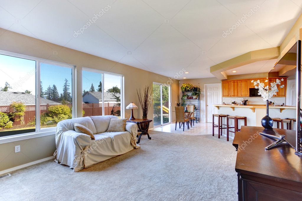 Bright House Interior Living Room With Kitchen Area Stock Photo Bright House Interior With Open Floor Plan Living Room Kitchen And Dining Area Photo By Iriana88w